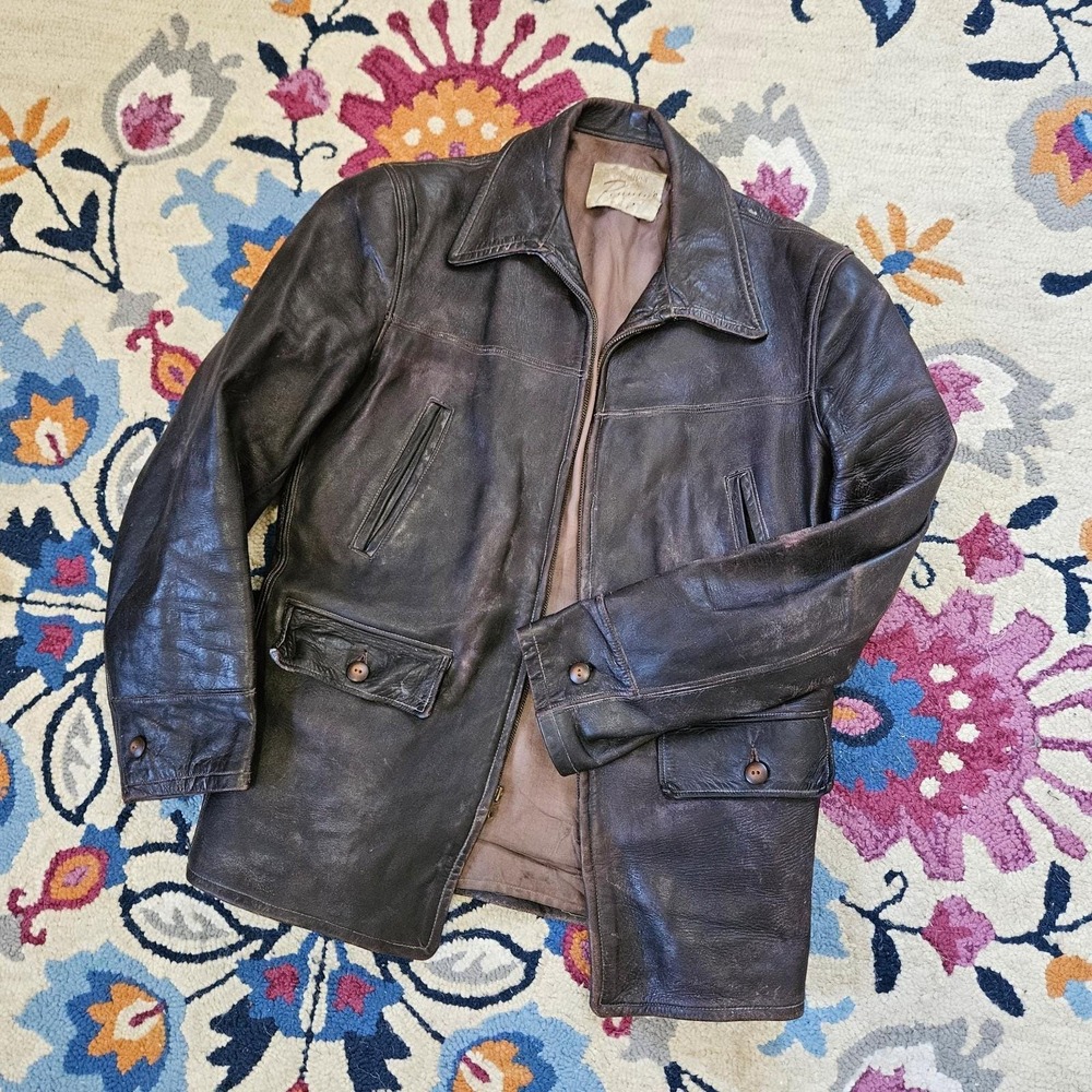 Vintage Penneys‎ Towncraft Leather Car Coat Brown 50s 60s Talon Zip Distressed